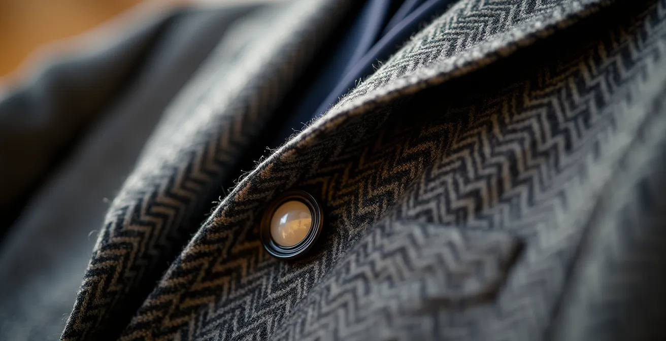 Detailaufnahme hochwertiger Stoffqualität und Verarbeitung einer Wolljacke