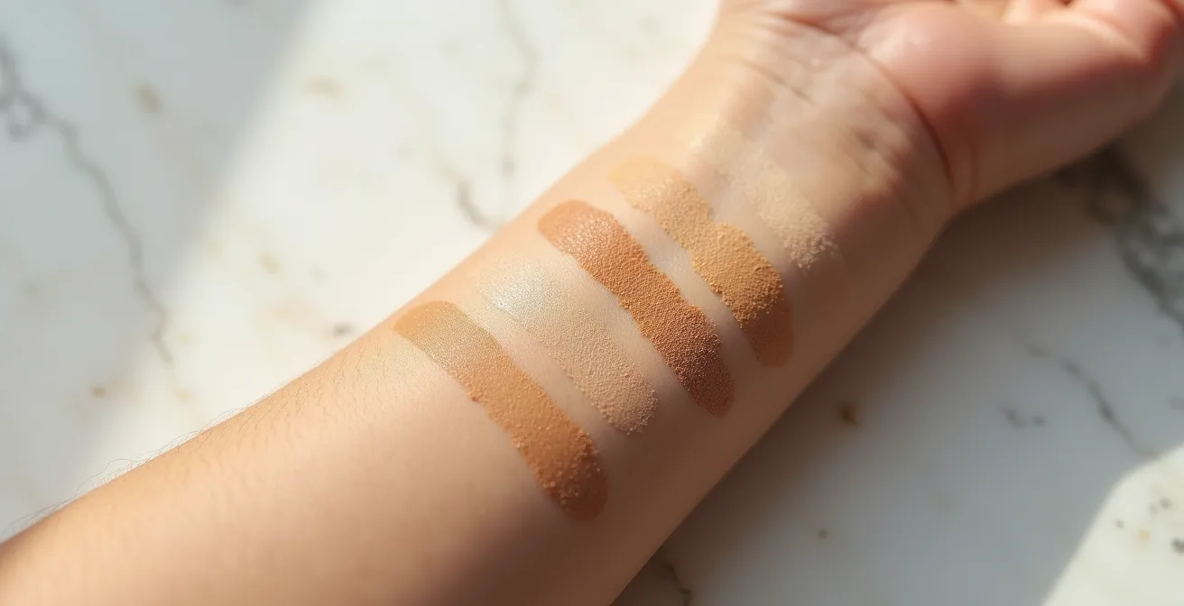 Eine Frauenhand testet verschiedene Foundation-Nuancen auf dem Handgelenk bei natürlichem Licht, um den perfekten Farbton zu finden.