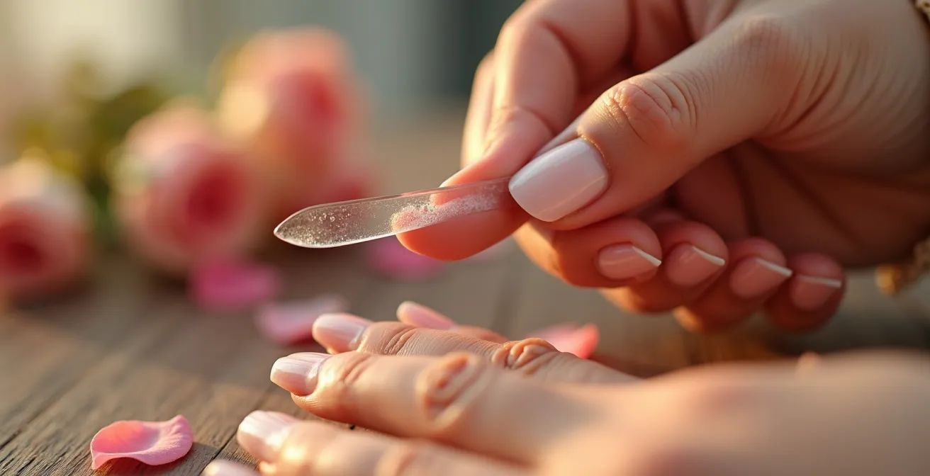 Detailaufnahme einer Hand die eine Glasfeile in einer Richtung über den Nagel führt