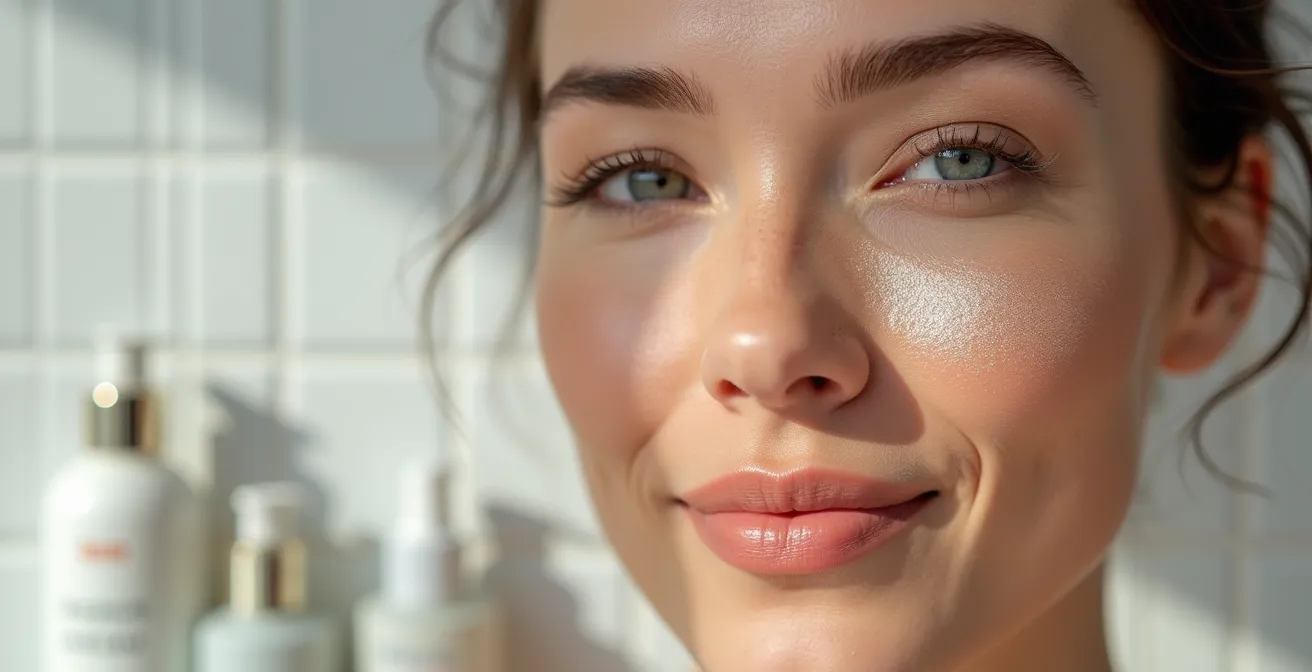 Makroaufnahme der Sandwich-Technik mit Cream und Powder Highlighter auf reifer Haut