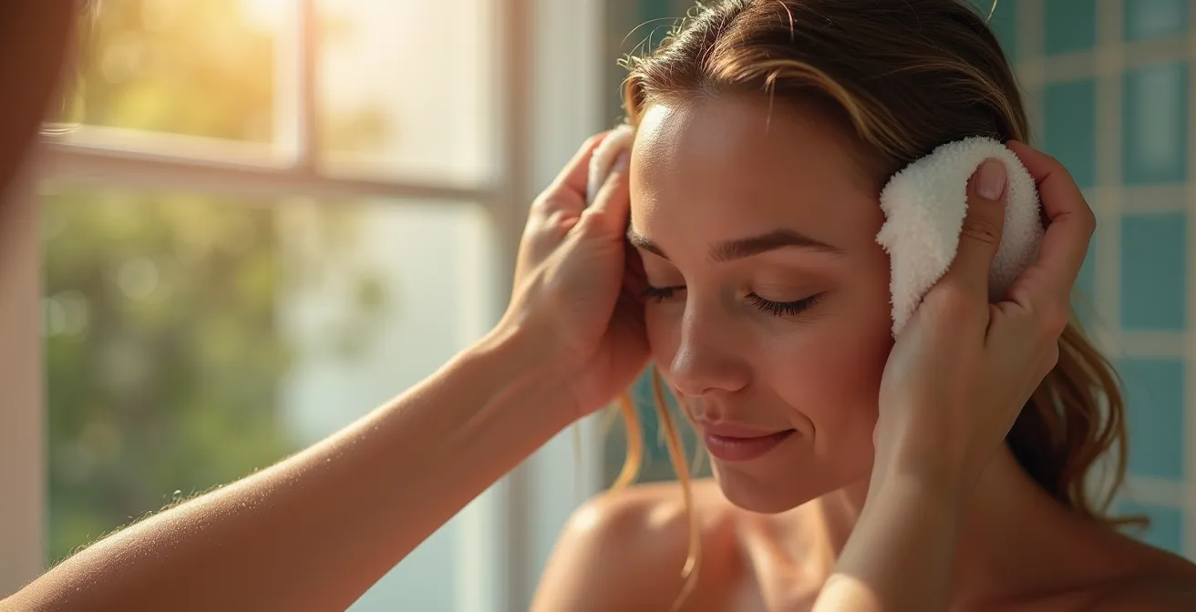 Frau trocknet sanft ihre Haare mit einem Mikrofasertuch