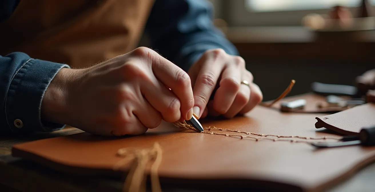 Detailaufnahme einer traditionellen Sattlernaht an einer hochwertigen Ledertasche