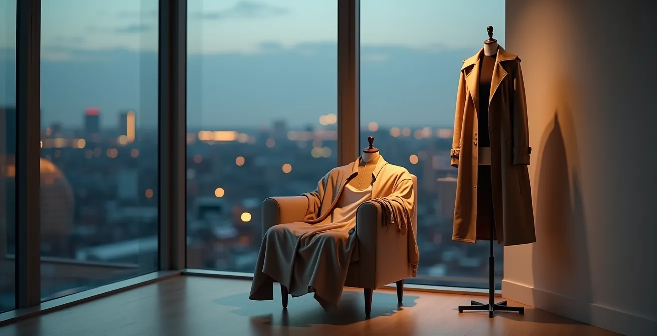 Elegante Darstellung des Zwiebellooks mit Seidentop, Merino-Cardigan und Trenchcoat für flexible Büro-zu-Abend-Übergänge