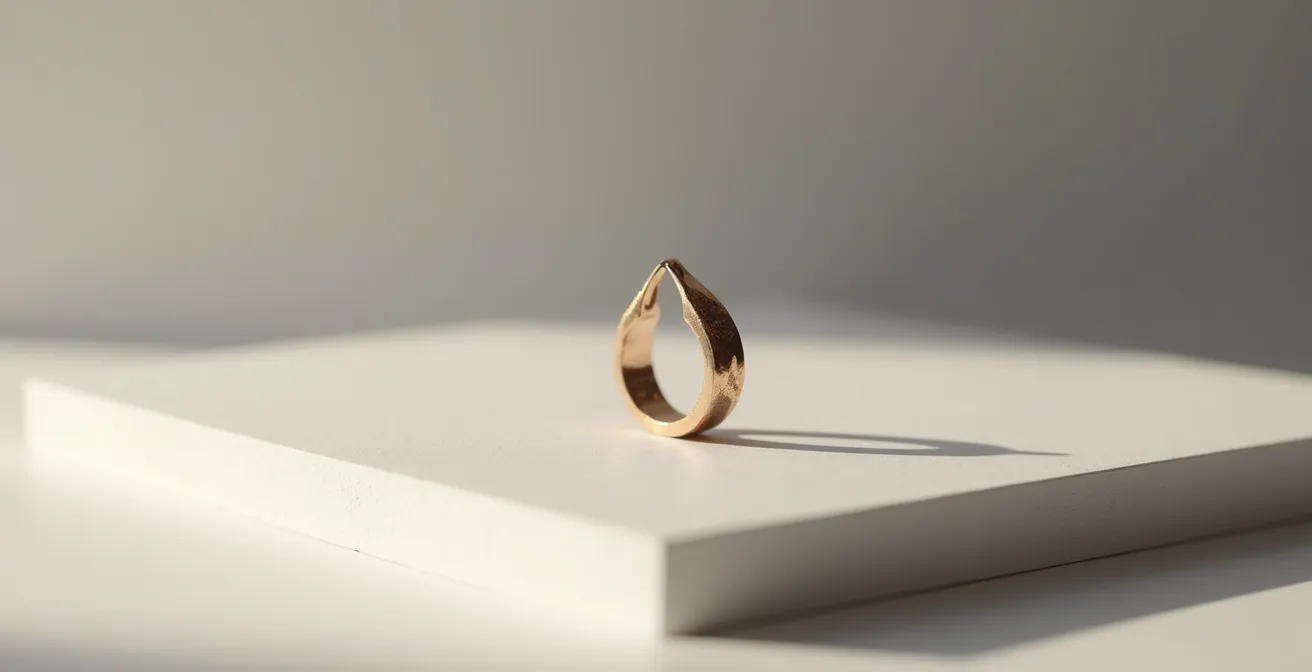 Ein exquisites, maßgefertigtes Schmuckstück mit einzigartigen proportionen und harmonischer Formensprache auf eleganter Oberfläche, das die Essenz von Individualität und zeitloser Schönheit verkörpert.