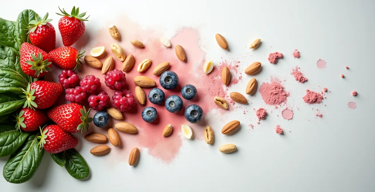 Minimalistische Darstellung von natürlichen Beauty-Produkten und frischem Obst