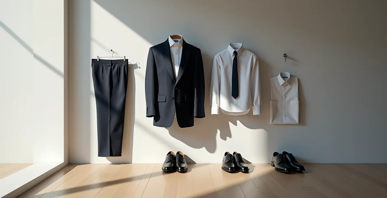 Systematische Anordnung eleganter Herrengarderobe vom Schuh zum Accessoire