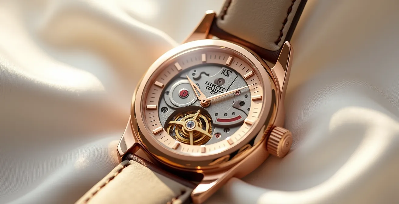 Eine handgearbeitete mechanische Armbanduhr mit offener Gehäuserückseite zeigt das präzise Uhrwerk, mit vergoldetem Zifferblatt und Zeigern, fotografiert unter weichem, natürlichem Licht mit Fokus auf die filigrane Handwerkskunst