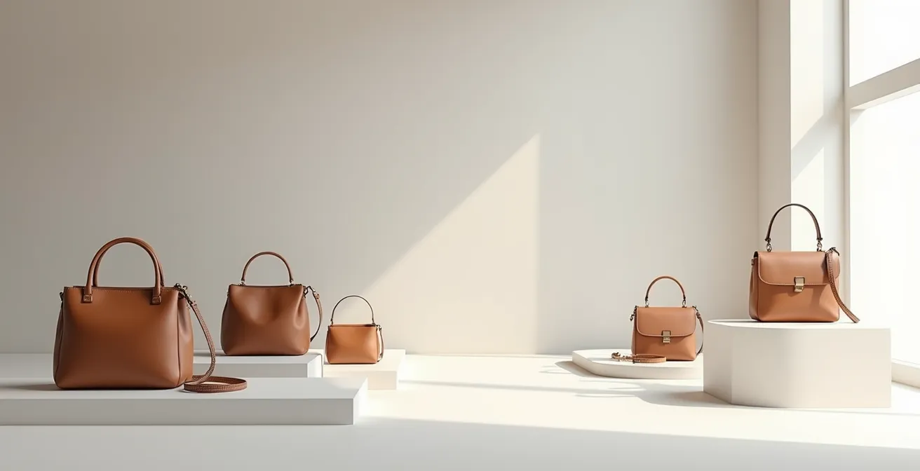 Grafische Darstellung eines Online-Wiederverkaufsmarkts mit verschiedenen Taschenstilen, Preispunkten und Wertentwicklung