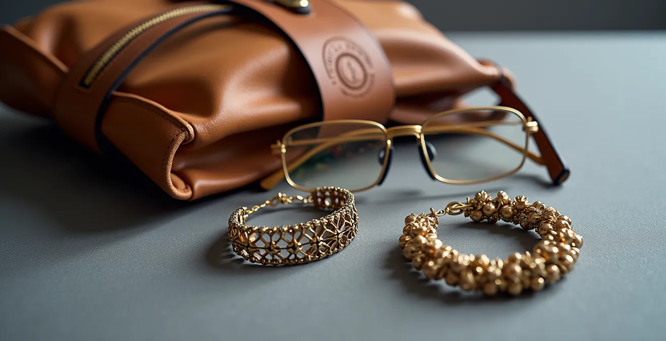 Kunstvolle Nahaufnahme von drei charakteristischen Accessoires: eine Ledertasche, geometrischer Schmuck und ein innovatives Brillengestell.