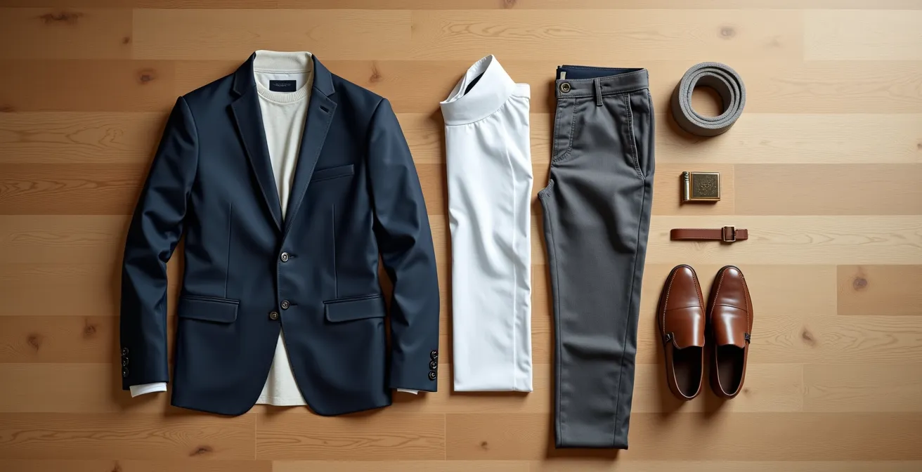 Verschiedene Smart-Casual-Kombinationen wie Sakko, Hemd, Chino und Loafer auf einem Holztisch arrangiert, die ein modulares Garderobensystem darstellen.