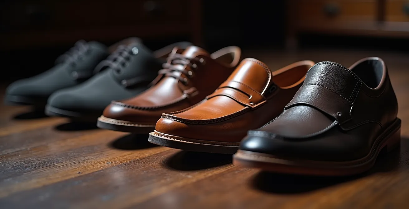 Nahaufnahme verschiedener Herrenschuhe auf Holzboden, die einen minimalistischen Ledersneaker, einen edlen Loafer und einen unpassenden Sportschuh vergleicht.