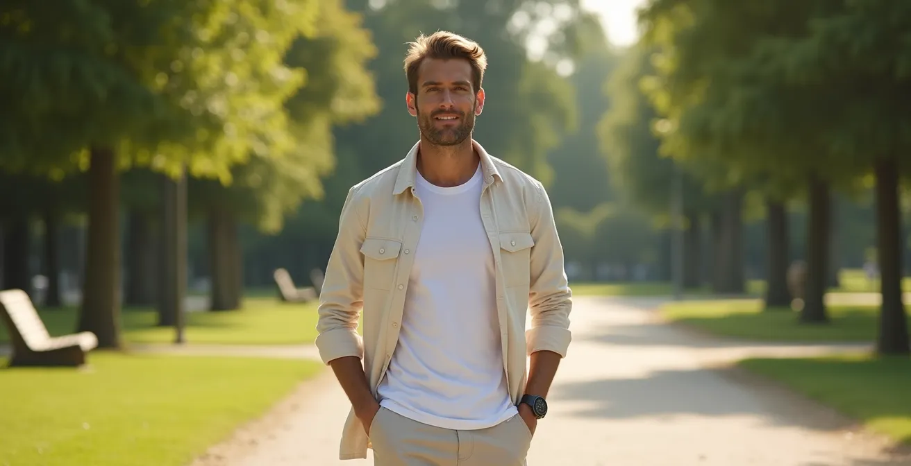 Mann in leichtem Sommer-Lagenlook mit offenen Schichten