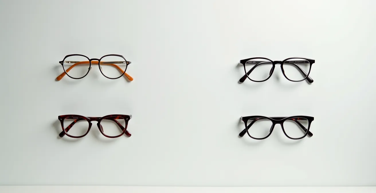 Split-Screen Vergleich: vier unterschiedliche Gesichtsformen mit geometrisch passenden Brillenrahmen