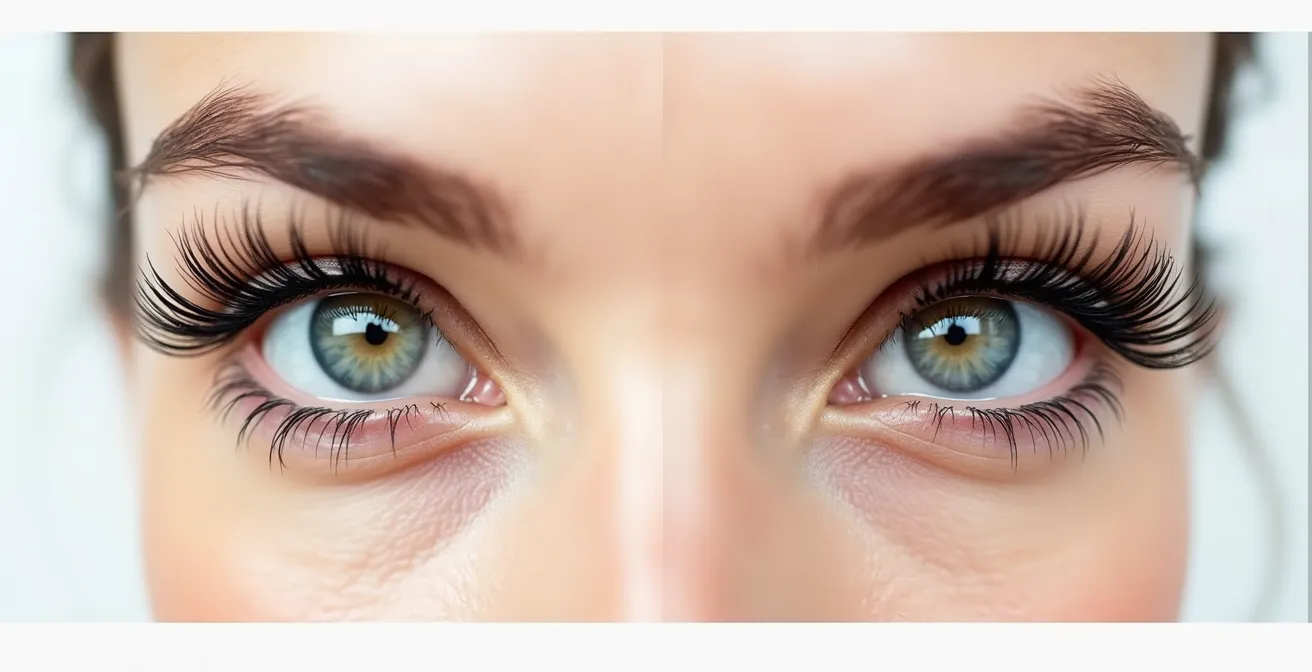Vergleich zwischen verklebten Spider-Lashes und perfekt getrennten voluminösen Wimpern