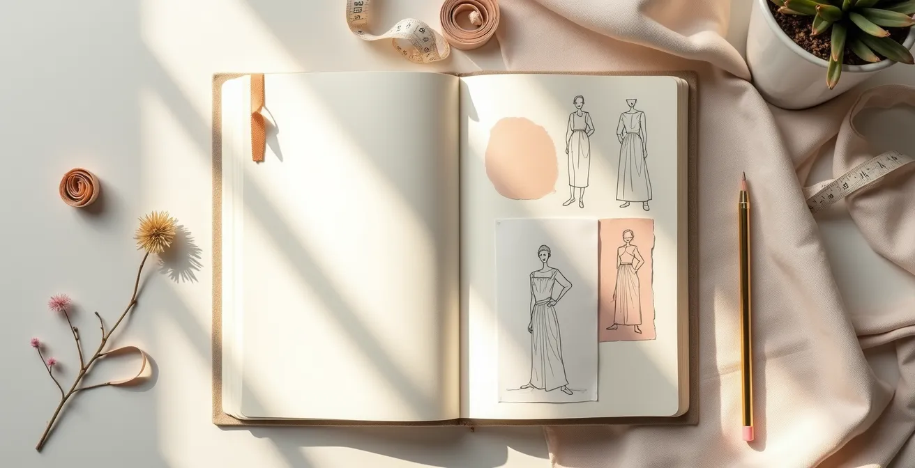 Ein aufgeschlagenes Notizbuch zeigt handschriftliche Notizen, Mode-Skizzen und Farbmuster als Symbol für die Entwicklung des persönlichen Stils durch Reflexion.