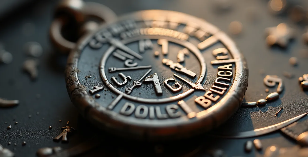 Detaillierte Makro-Aufnahme von Schmuckoberflächen mit eingravierten Symbolen, Koordinaten und Codes, die tiefe persönliche Bedeutungen tragen.