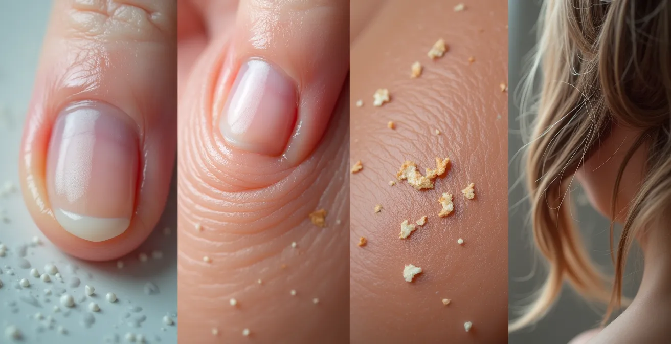Nahaufnahme verschiedener körperlicher Anzeichen von Nährstoffmangel wie brüchige Nägel und trockene Haut