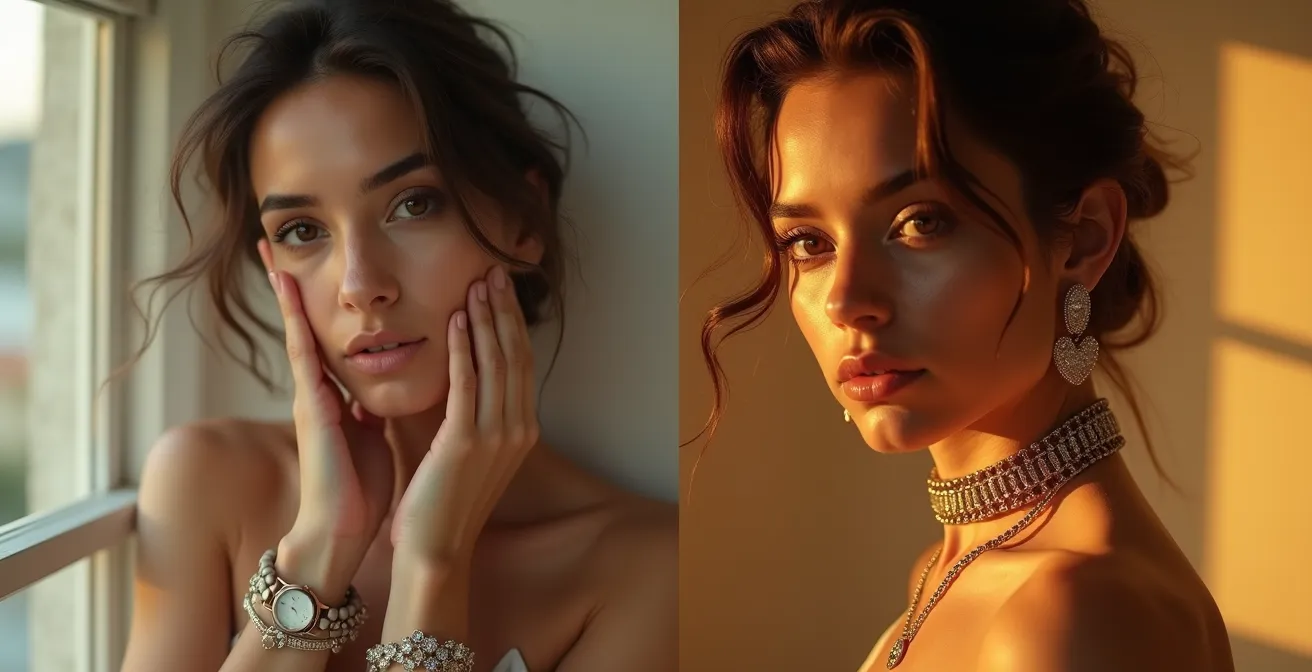 Zwei parallele Styling-Szenen: Linke Seite zeigt tagsüber minimale, matte Accessoires in natürlichem Licht; rechte Seite zeigt dieselbe Person mit glänzenden, funkelnden Schmuckstücken unter warmem Abendlicht