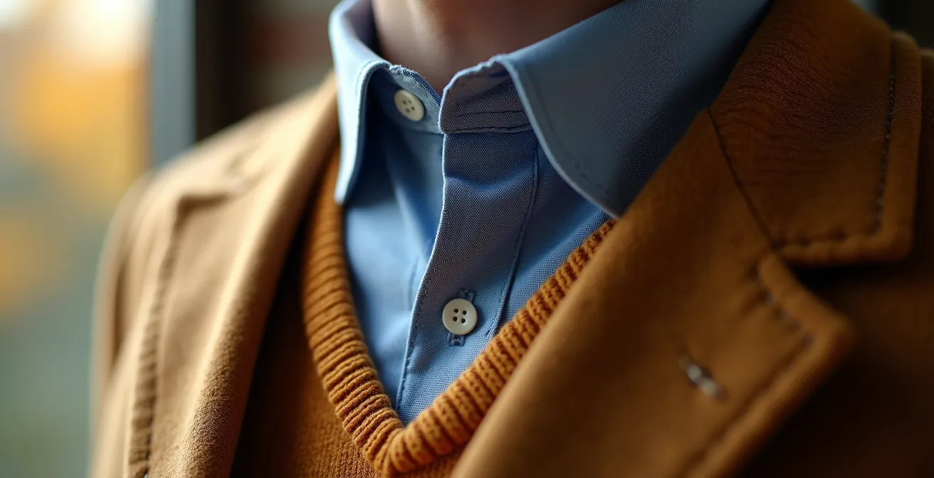 Makroaufnahme verschiedener Stofftexturen in der Hemd-Pullover-Kombination