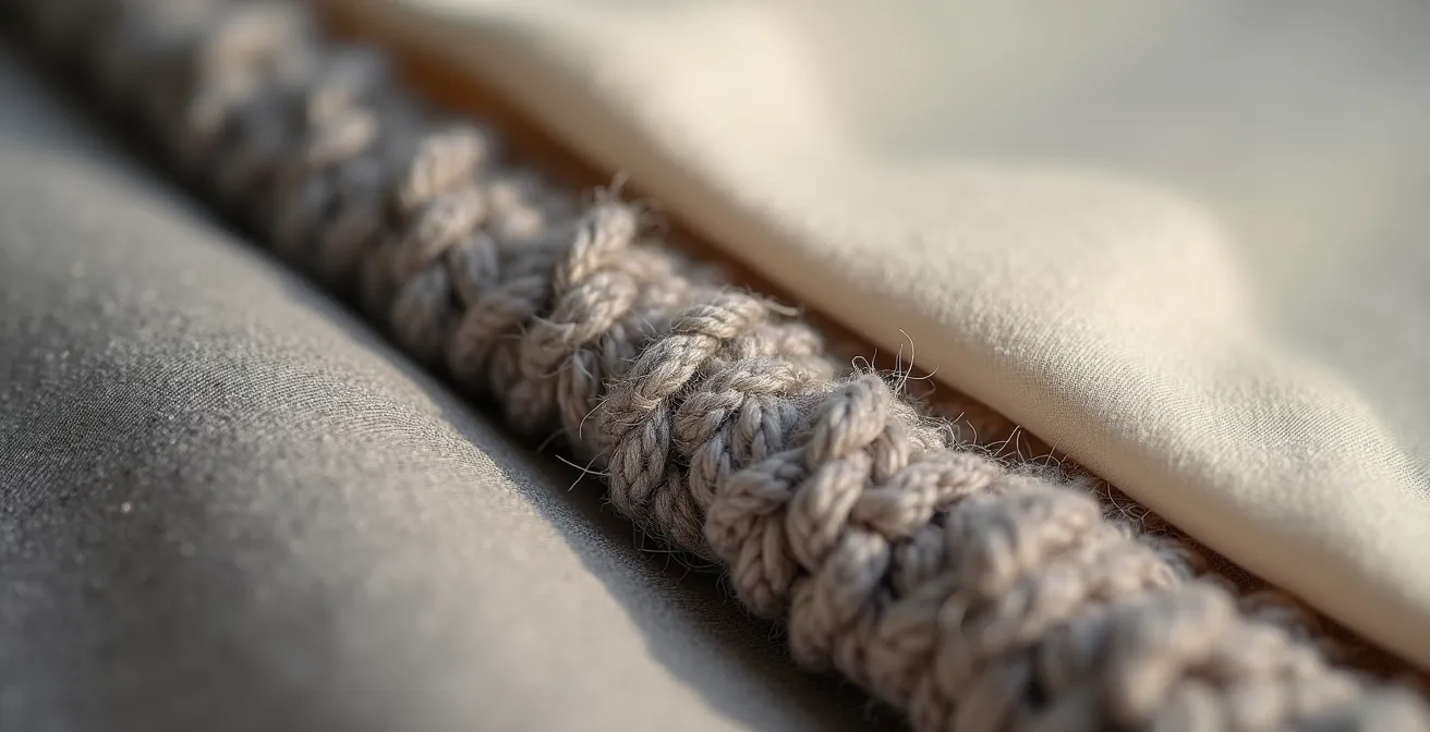 Detailaufnahme verschiedener neutraler Texturen in einem Outfit, die die Kombination von Wolle, Seide und Leinen zeigt.