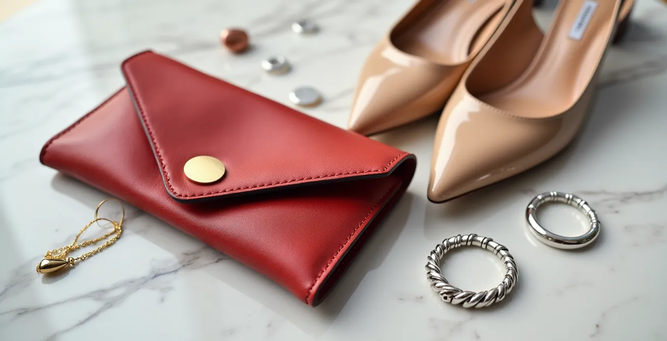 Makroaufnahme von drei sorgfältig ausgewählten Trend-Accessoires der Saison auf einem minimalistischen Hintergrund