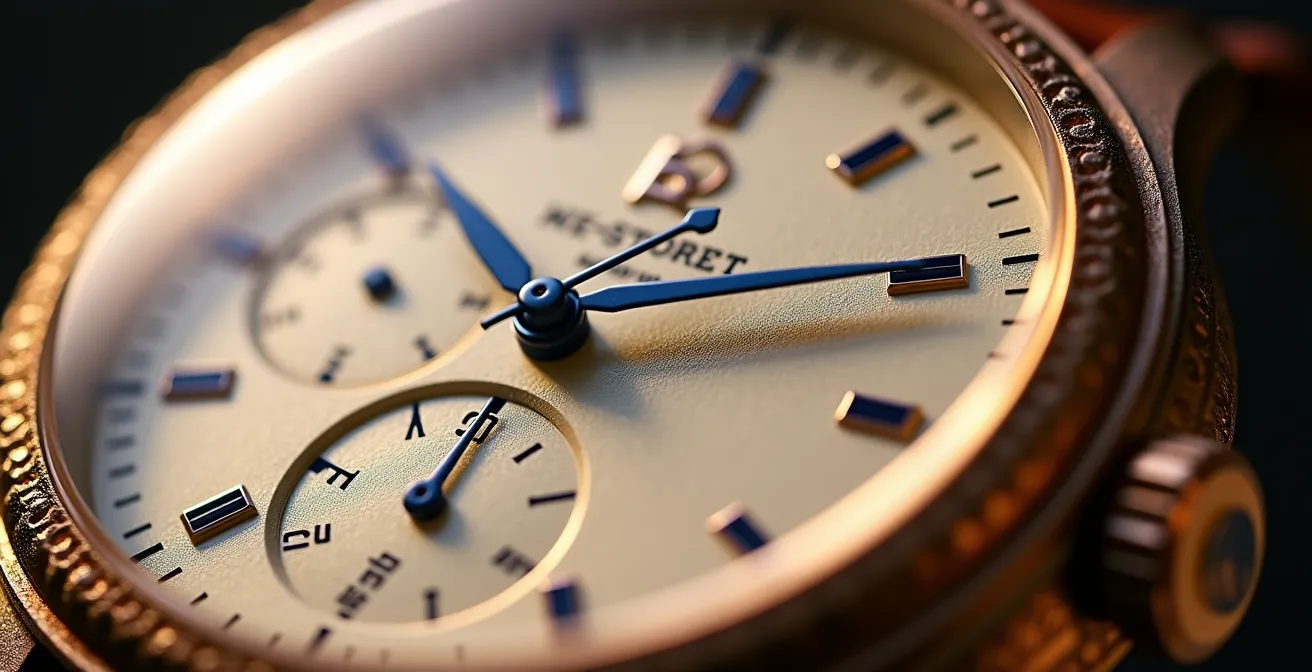 Nahaufnahme eines hochgradig verzierten Uhrzifferblatts mit handgearbeiteten Zeigern, Indizes und sichtbarer Lünette, zeigt traditionelle Emaille und Vergoldung