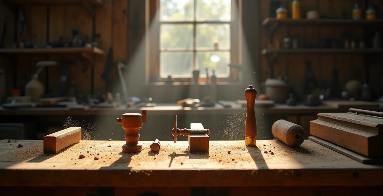 Verlassene Handwerkswerkstatt mit verstaubten traditionellen Werkzeugen