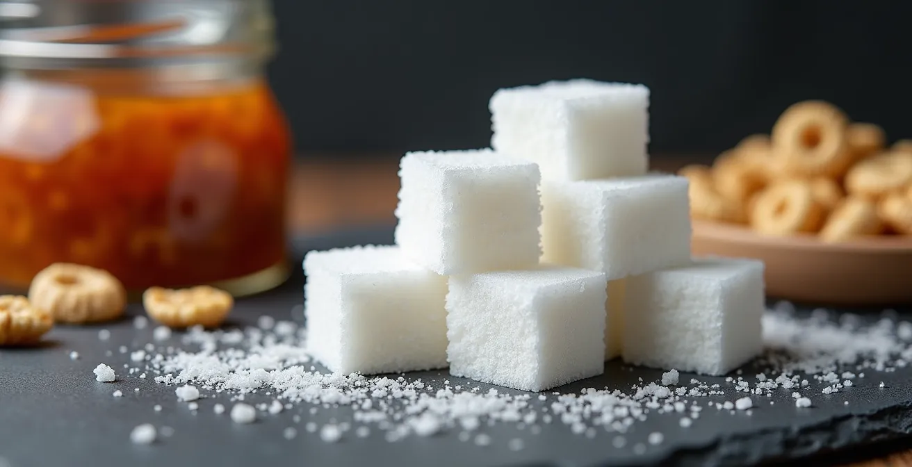 Makroaufnahme von Zuckerwürfeln neben alltäglichen deutschen Lebensmitteln