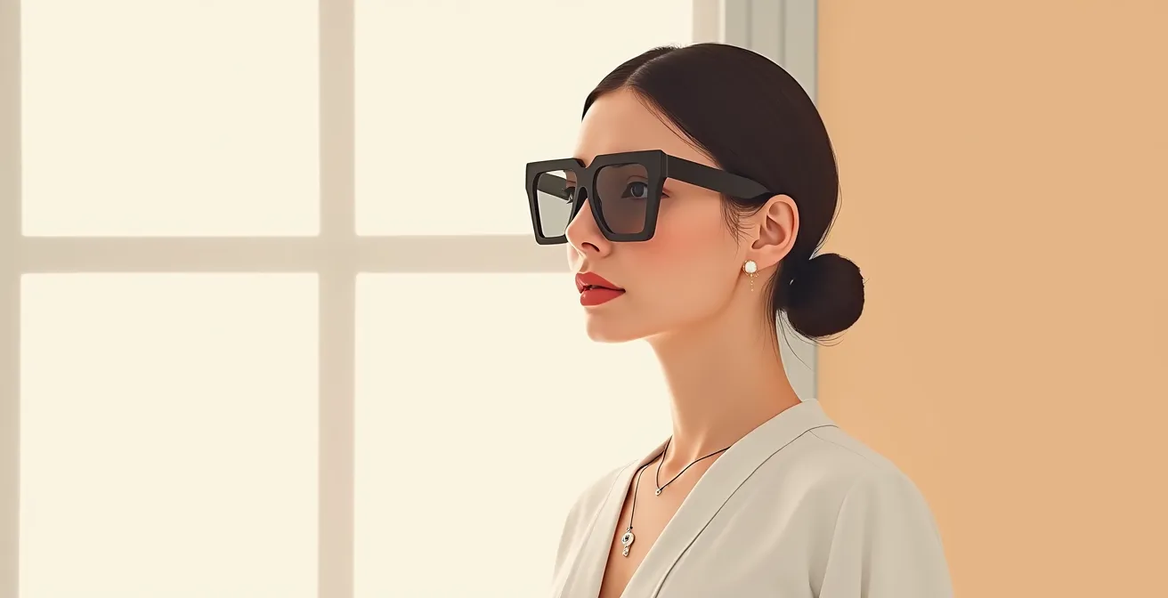 Eine visuelle Darstellung, die zeigt, wie die Linienführung einer Sonnenbrille mit der Kleidungssilhouette zusammenwirkt, um optische Länge zu schaffen.