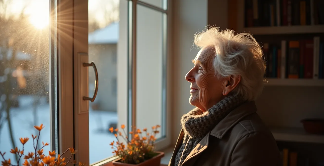 Eine Person in Winterkleidung genießt in einem deutschen Zuhause die seltenen Sonnenstrahlen zur Vitamin-D-Produktion.