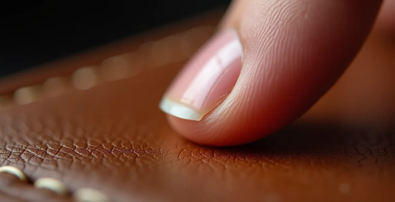 Makroaufnahme eines Fingernageltest auf vegetabil gegerbtem Vollnarbenleder