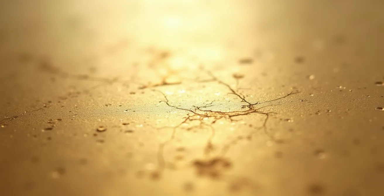 Eine altergewordene Goldprobe mit subtiler Patina und feinen Kratzer-Zeichen, die Lebensspuren erzählen