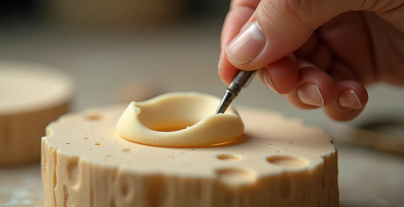 Nahaufnahme eines handgefertigten Wachsmodells eines Schmuckstücks, das zeigt, wie Haptik und Form während des Designprozesses perfektioniert werden