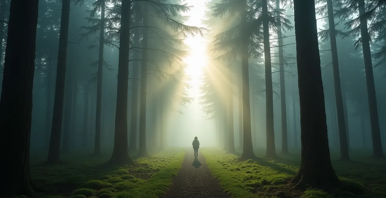 Sonnenstrahlen durchbrechen den morgendlichen Nebel zwischen hohen Nadelbäumen im deutschen Wald