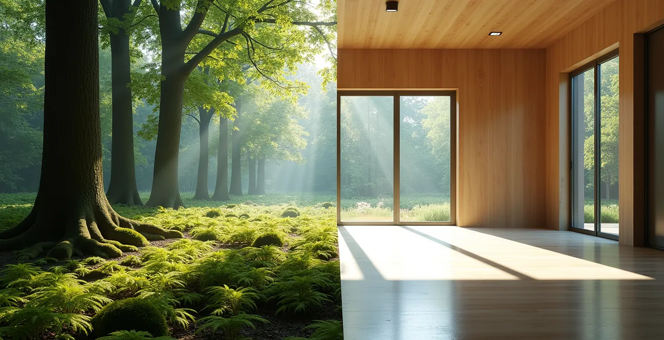 Geteilte Komposition zeigt links Waldpfad mit Sonnenstrahlen, rechts modernes Fitnessstudio