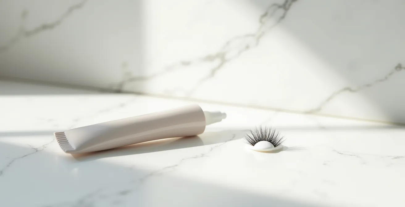 Detailaufnahme eines Wimpernprimers in Anwendung mit sichtbarem Volumeneffekt