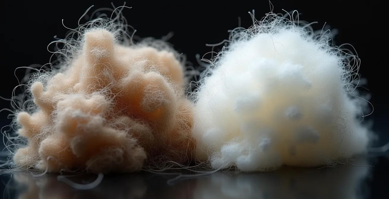 Makroaufnahme von Wollfasern im Vergleich zu Polyesterfasern, die die natürliche Kräuselung von Wolle und die glatte Oberfläche von Polyester zeigt