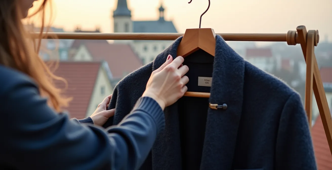 Eine Wolljacke hängt zum Auslüften auf einem Kleiderständer auf einem typisch deutschen Balkon im Morgengrauen.