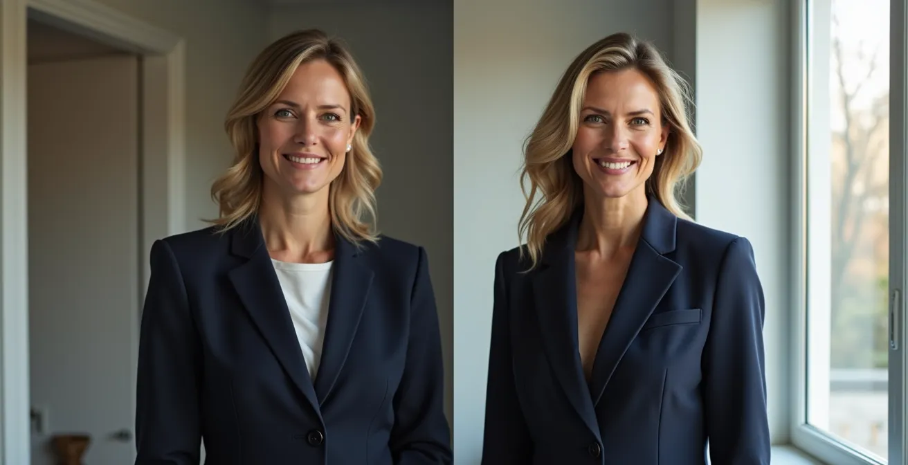 Vergleich einer Frau in einem klassisch geschnittenen und einem modern geschnittenen Blazer