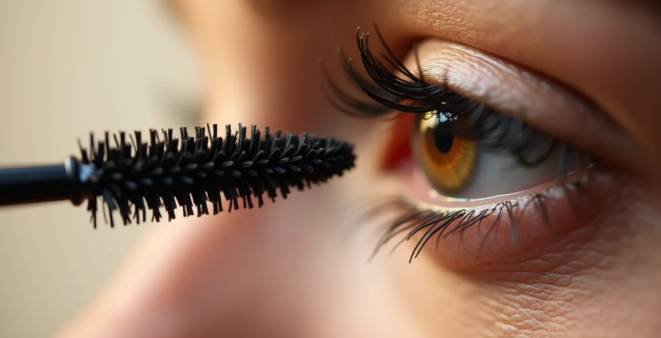 Makroaufnahme der Zickzack-Bewegung beim Mascara-Auftrag vom Wimpernansatz bis zu den Spitzen