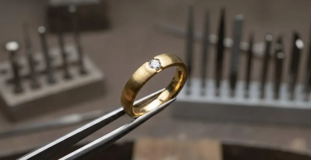 Gros plan d'une bague en or avec diamant en cours de sertissage dans un atelier de bijouterie, tenue par une pince Gros plan d'une bague en or avec diamant en cours de sertissage dans un atelier de bijouterie, tenue par une pince