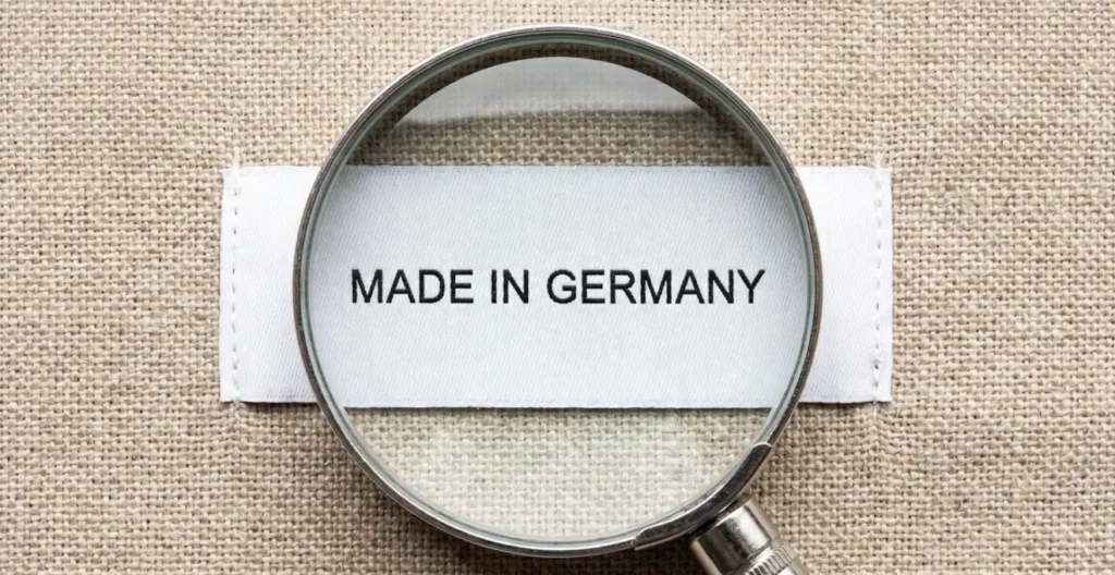 Loupe grossissant une étiquette 'Made in Germany' sur tissu, symbolisant la vérification nécessaire de l'authenticité Loupe grossissant une étiquette 'Made in Germany' sur tissu, symbolisant la vérification nécessaire de l'authenticité