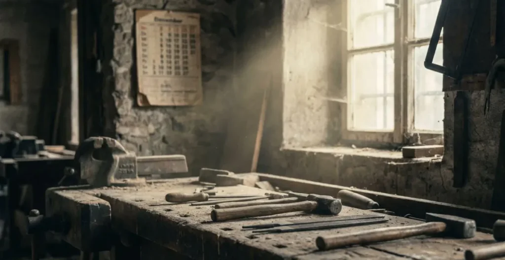 Intérieur d'un atelier artisanal allemand abandonné avec établi et outils poussiéreux, lumière entrant par une fenêtre Intérieur d'un atelier artisanal allemand abandonné avec établi et outils poussiéreux, lumière entrant par une fenêtre